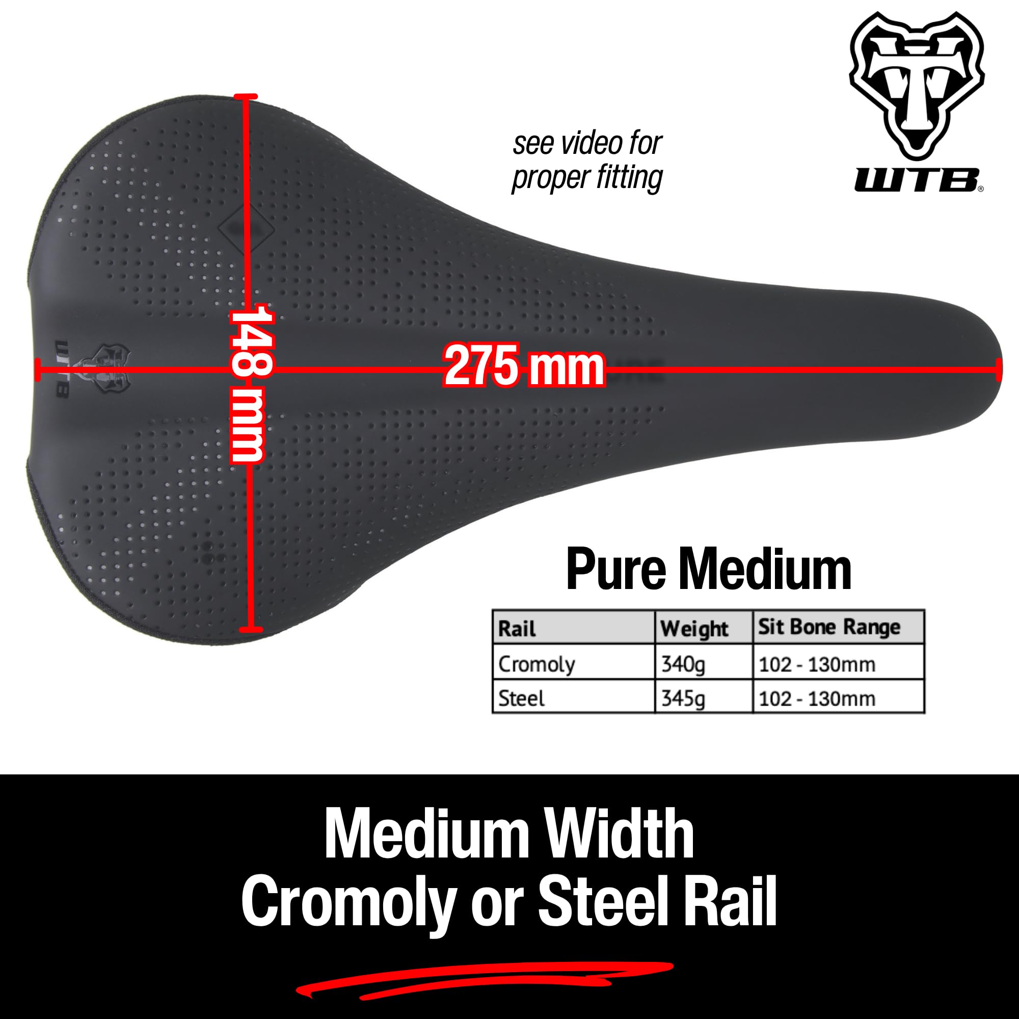 WTB Pure Mountain Bike Seat (Saddle) - Thick All-Day Comfort Padding (2 Rail Options)