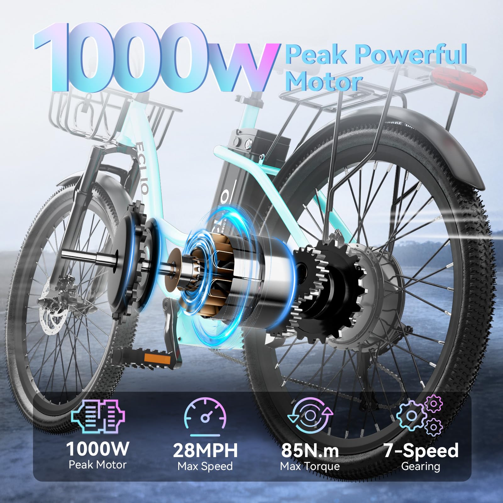 24" Electric Bike – 1000W Motor, 65-Mile Range, Step-Through Cruiser
