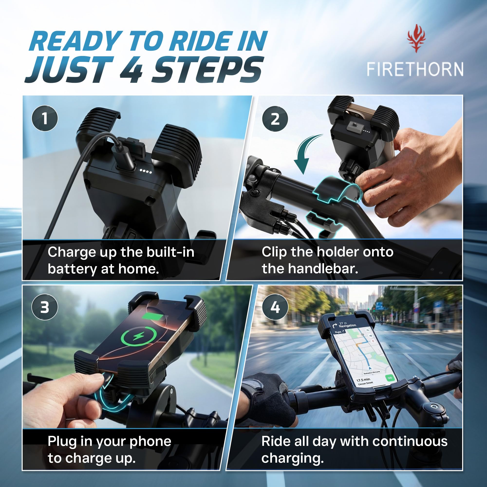 Bike Phone Holder – 5000mAh Rechargeable Mount