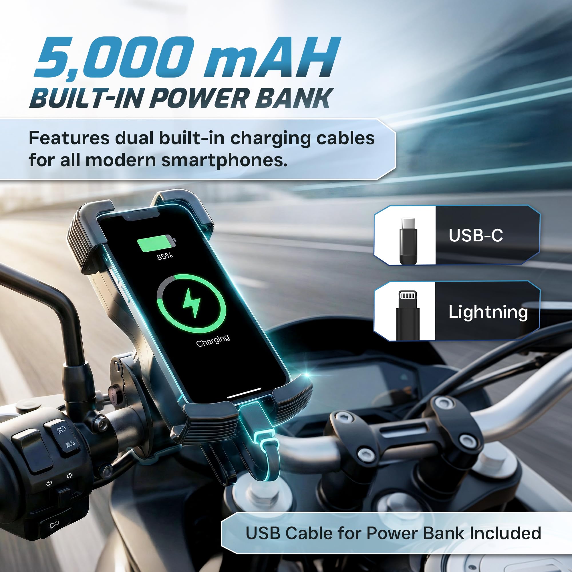 Bike Phone Holder – 5000mAh Rechargeable Mount